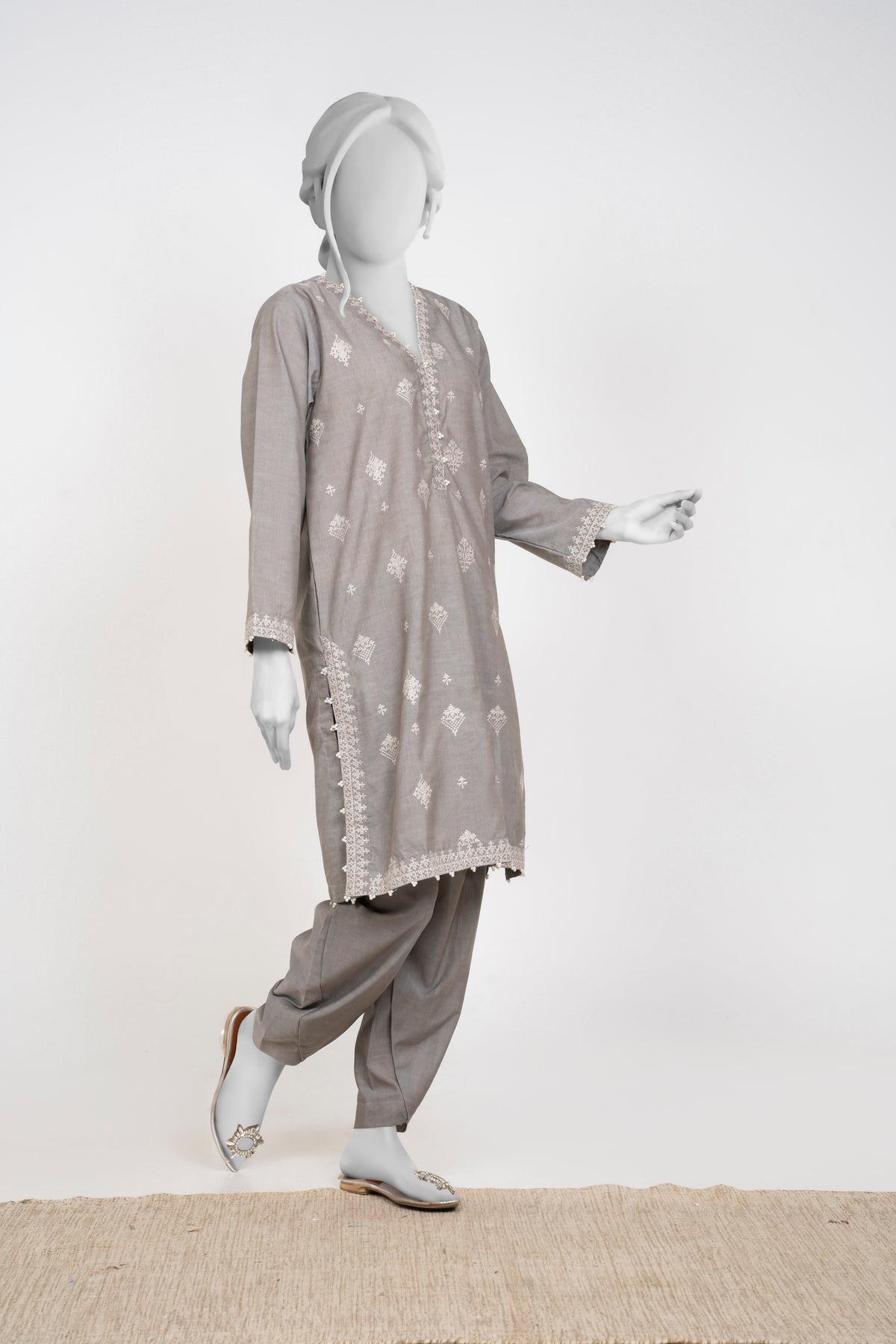 Solid Embroidered | 2-Piece RTW | Silver Grey