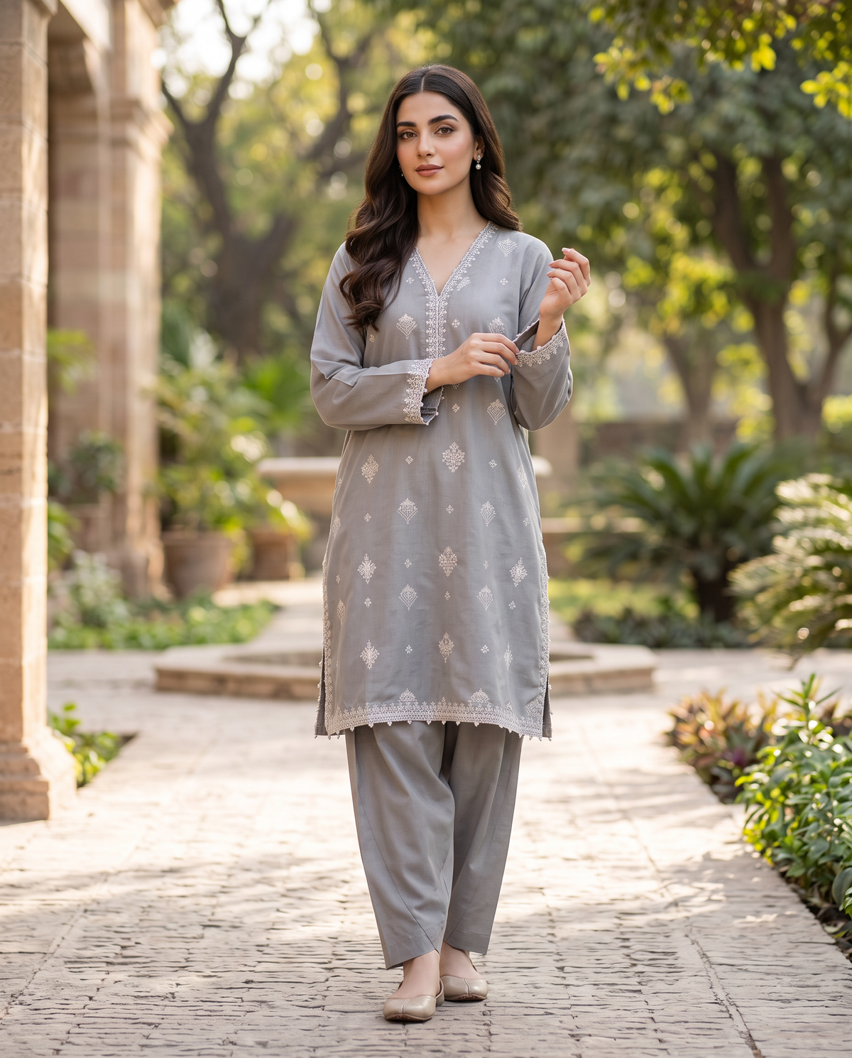 Solid Embroidered | 2-Piece RTW | Silver Grey