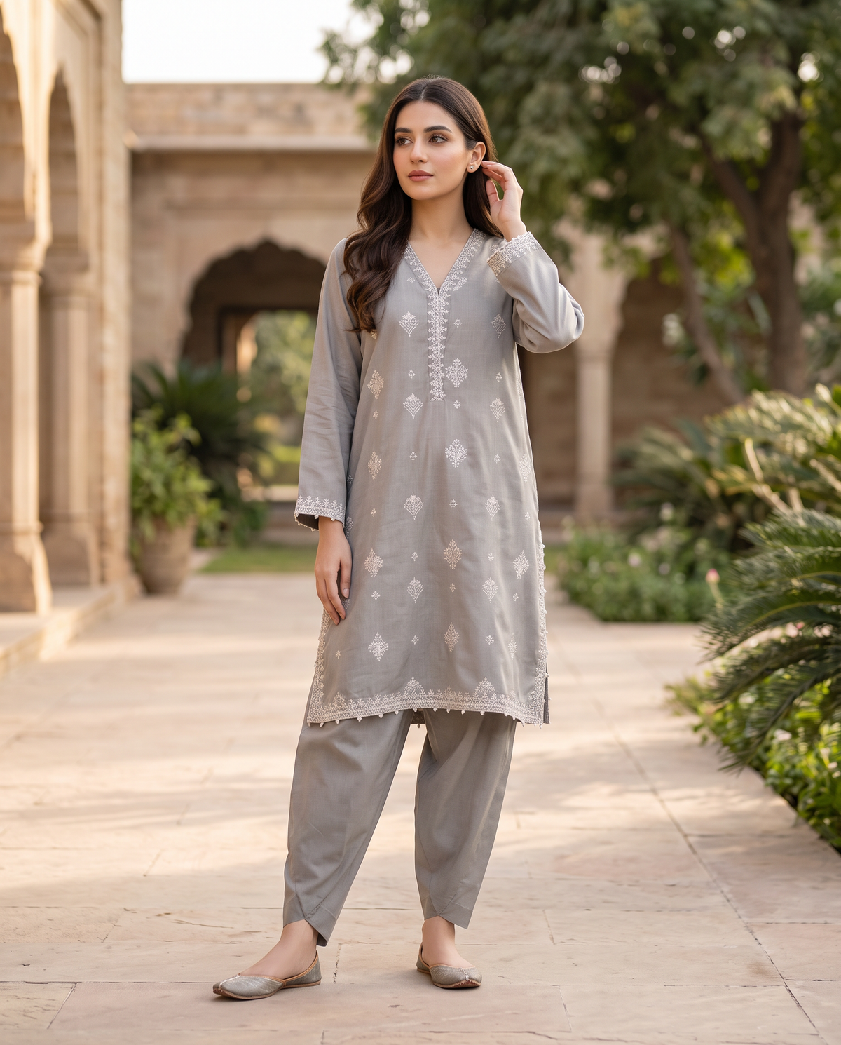 Solid Embroidered | 2-Piece RTW | Silver Grey