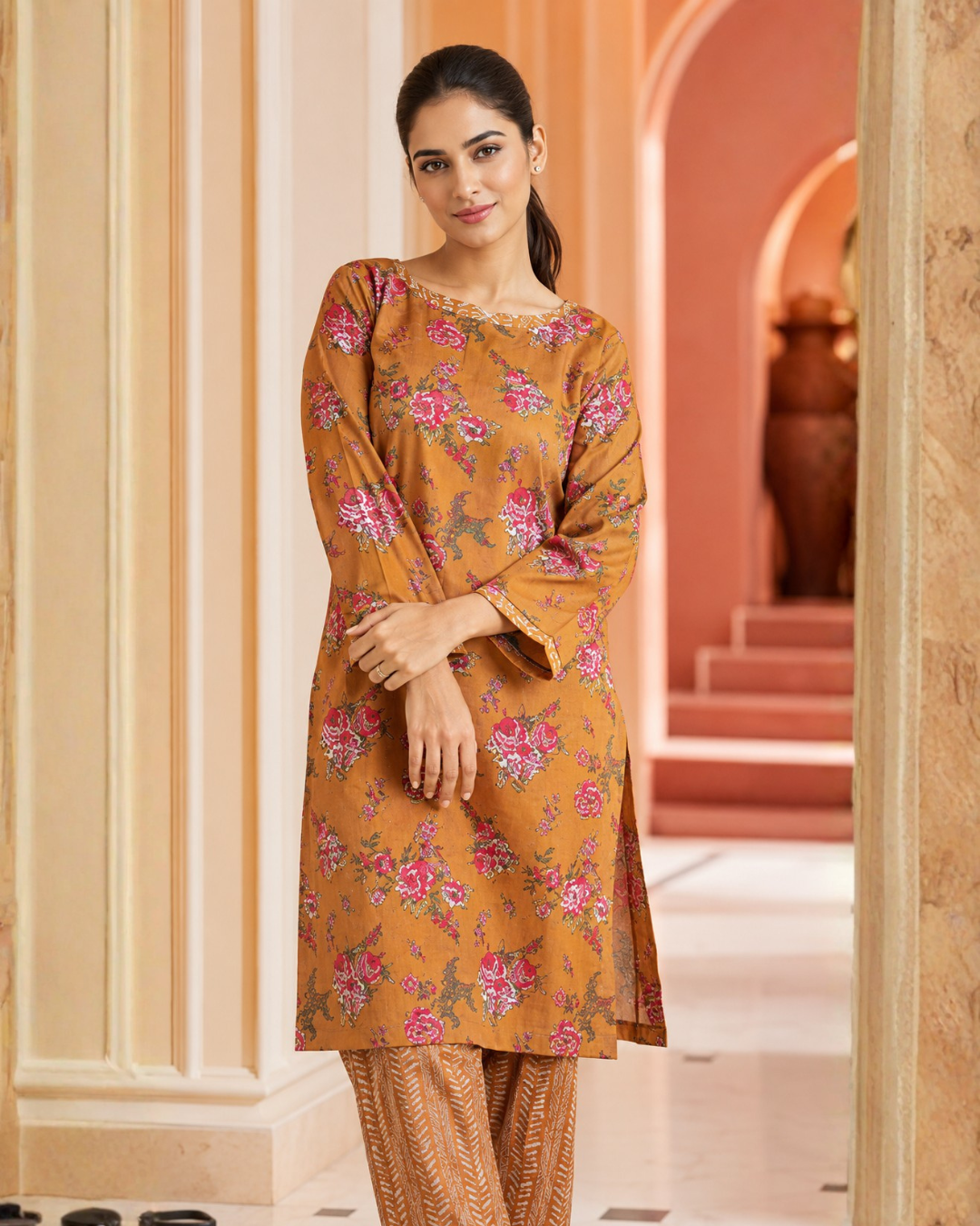 Mustard Floral Lawn Suit | Premium 2-Piece Unstitched Summer Collection