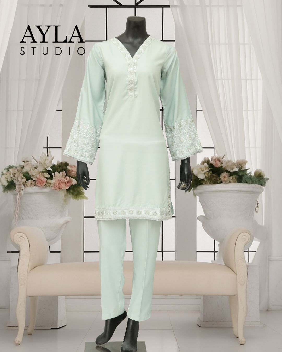 2-Piece Solid Embroidered Dress –Hareem