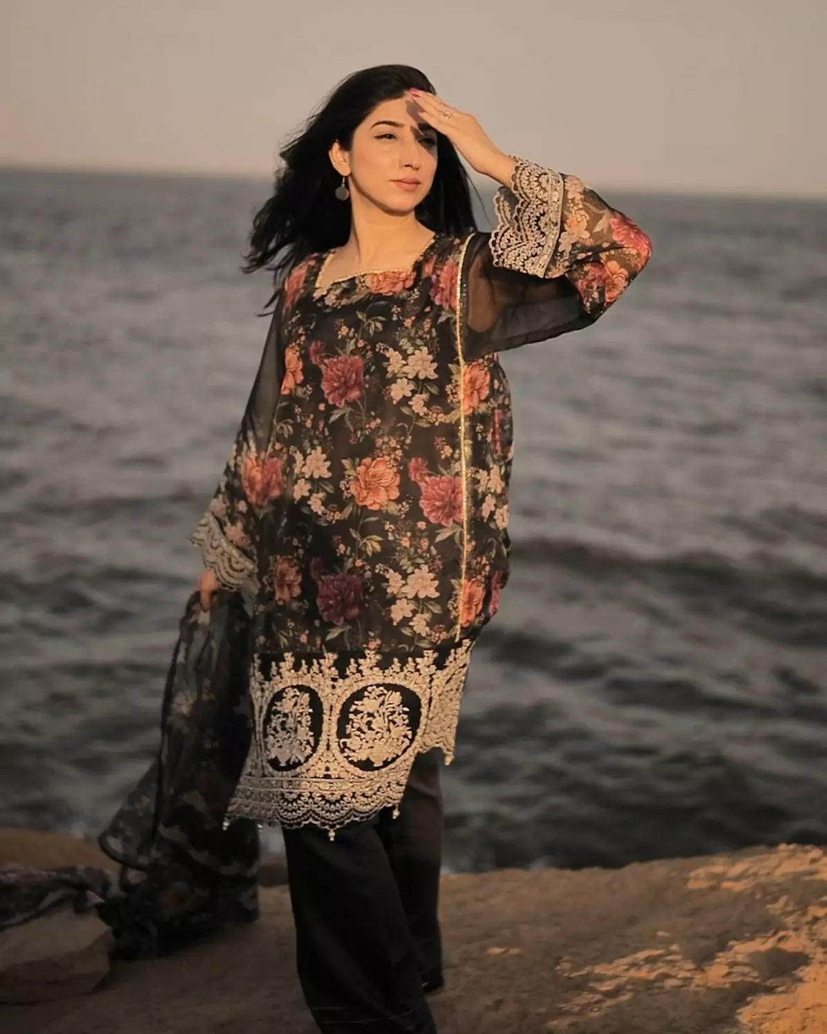 Embroidered chiffon  3PC - Black Garden